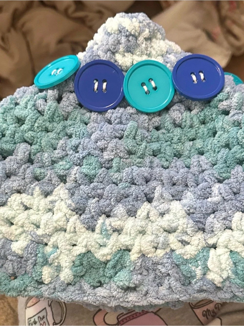 Chunky Knit Peace Sign Bucket Hat Variegated Aqua Blue Marled Festival